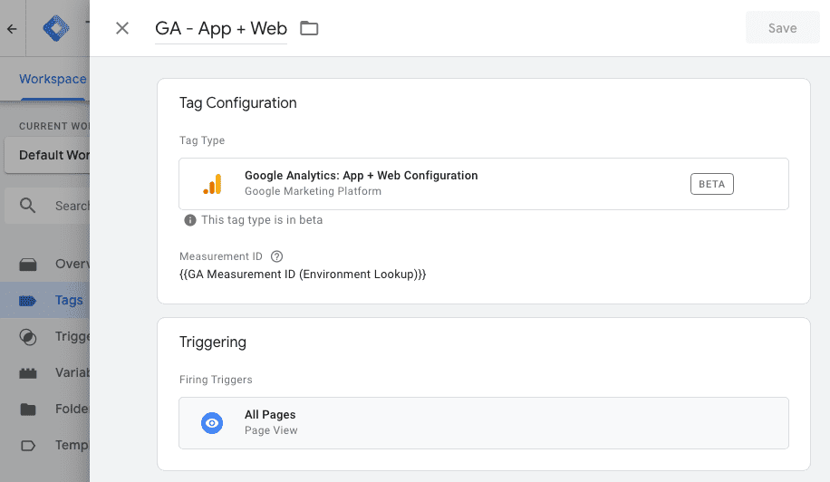 The Google Analytics App+Web tag configuration in Google Tag Manager using a lookup table for the Measurement ID. 