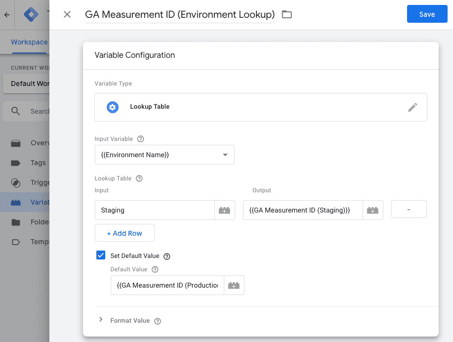 A user-defined variable to lookup Analytics Measurement ID based on the environment. 