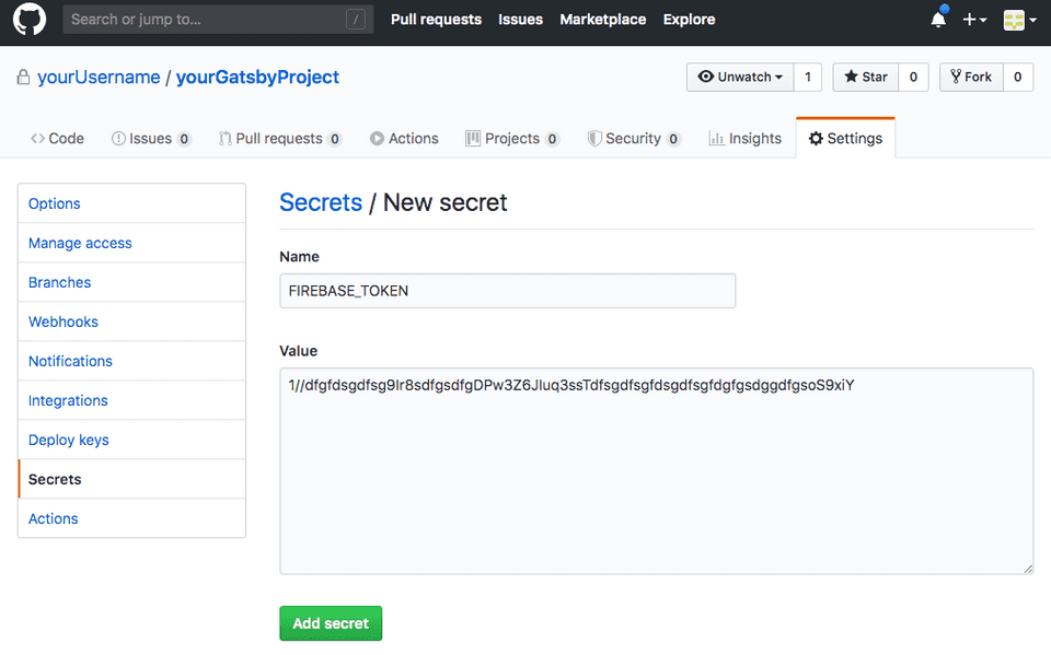 Add the Firebase Token as a secret named FIREBASE_TOKEN in your GitHub project. 