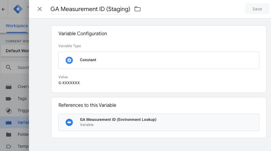 A user-defined variable to hold the Analytics Measurement ID for the staging environment. 